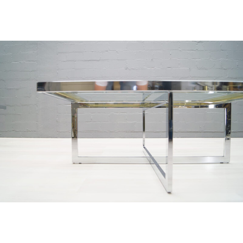 Set of 2 bicolor coffee tables in chromium and brass produced by Maison Charles - 1970s