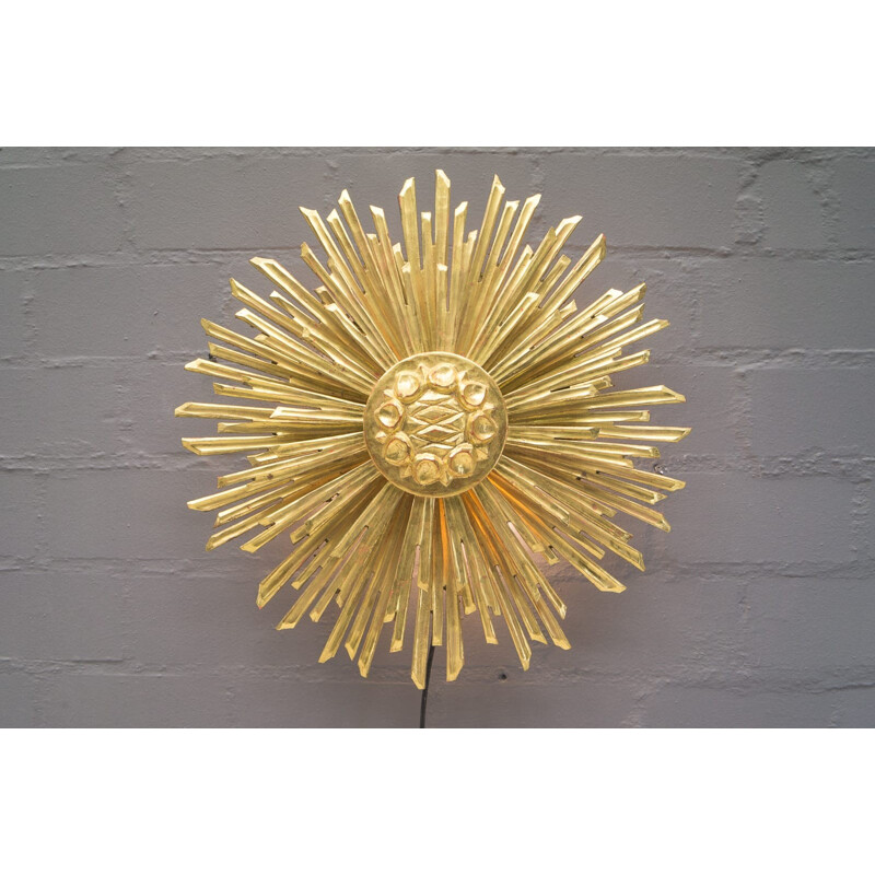 Large wooden sunburst golden wall lamp - 1960s