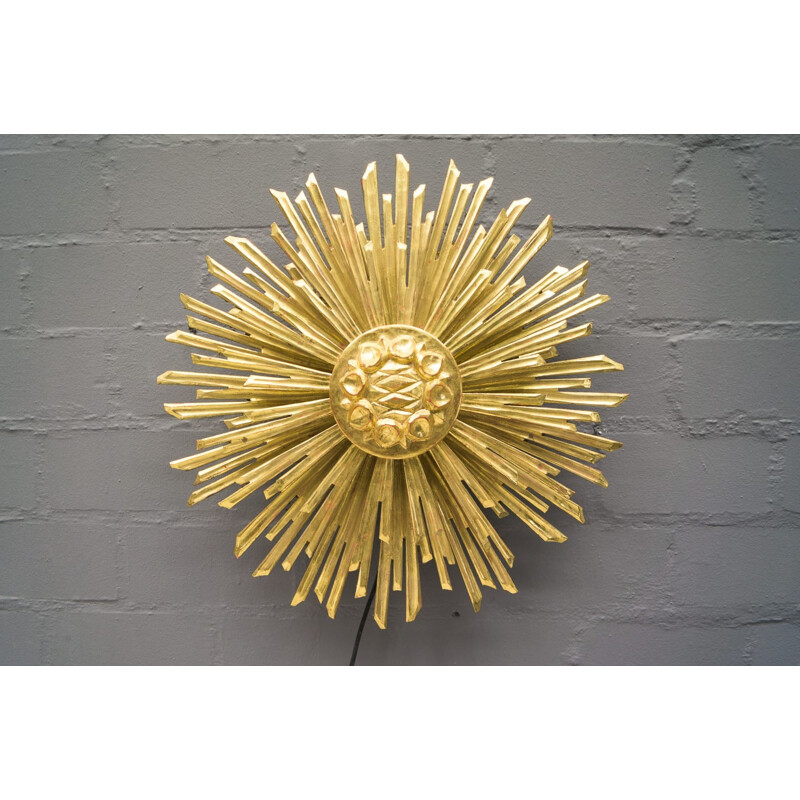 Large wooden sunburst golden wall lamp - 1960s