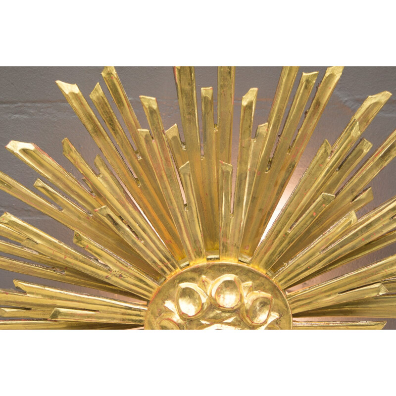 Large wooden sunburst golden wall lamp - 1960s