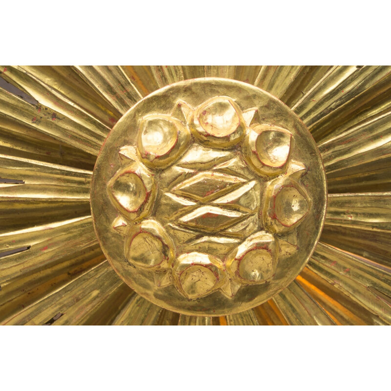 Large wooden sunburst golden wall lamp - 1960s