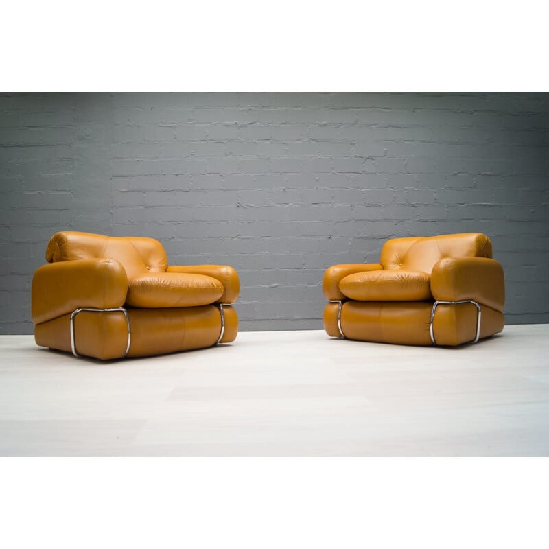 Set of 2 mid century cognac leather easy chairs - 1960s