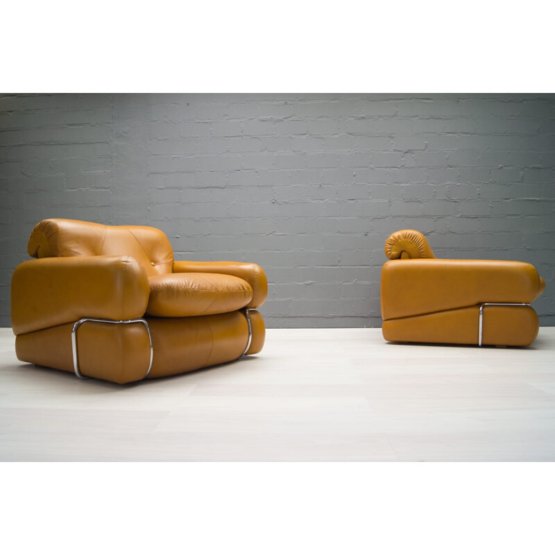 Set of 2 mid century cognac leather easy chairs - 1960s