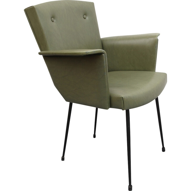 Leatherette armchair in olive-green - 1950s