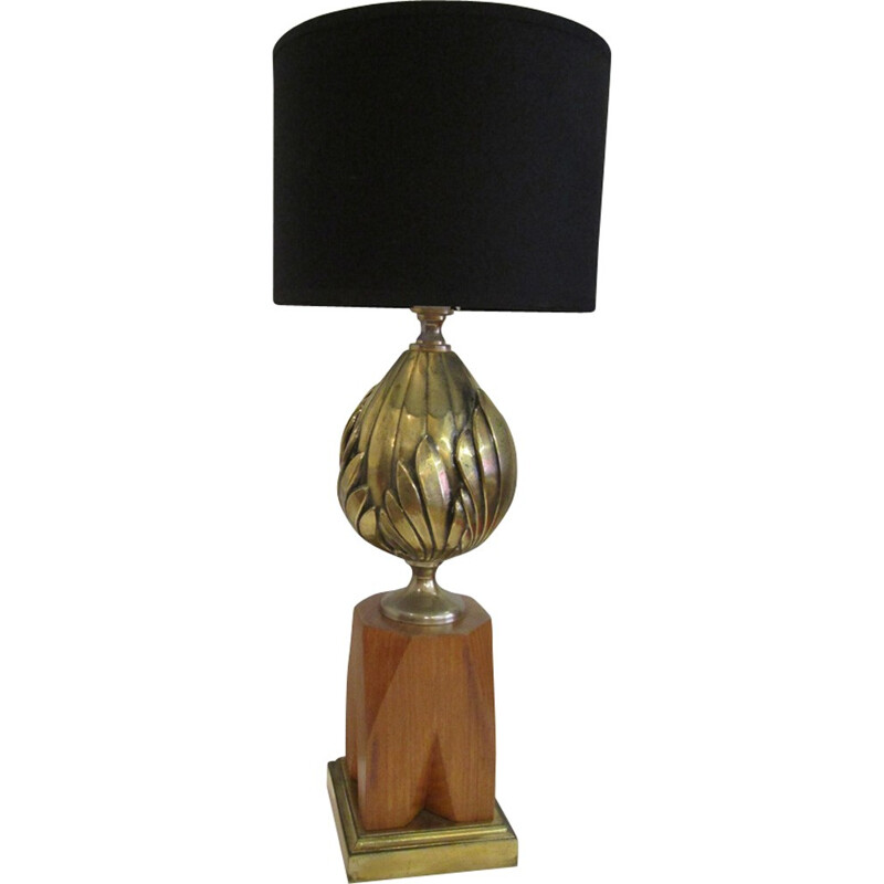 Flower floor lamp in brass with wooden base - 1970s