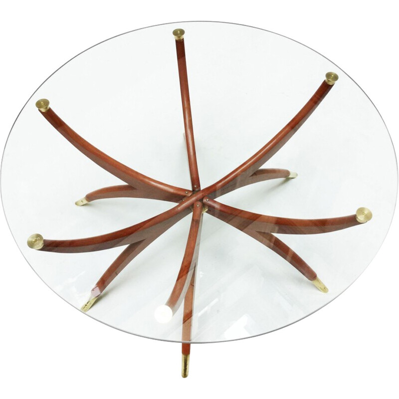 Spider brown coffee table in teak and glass - 1960s