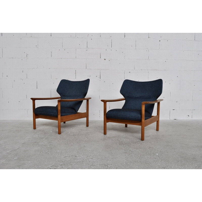 Pair of blue cover and solid oak armchairs - 1960s