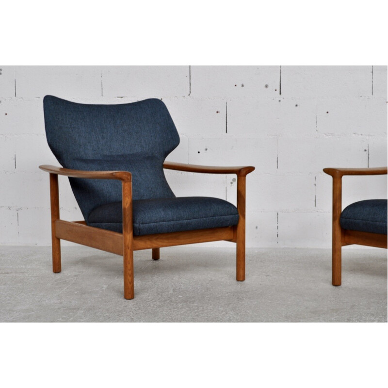 Pair of blue cover and solid oak armchairs - 1960s