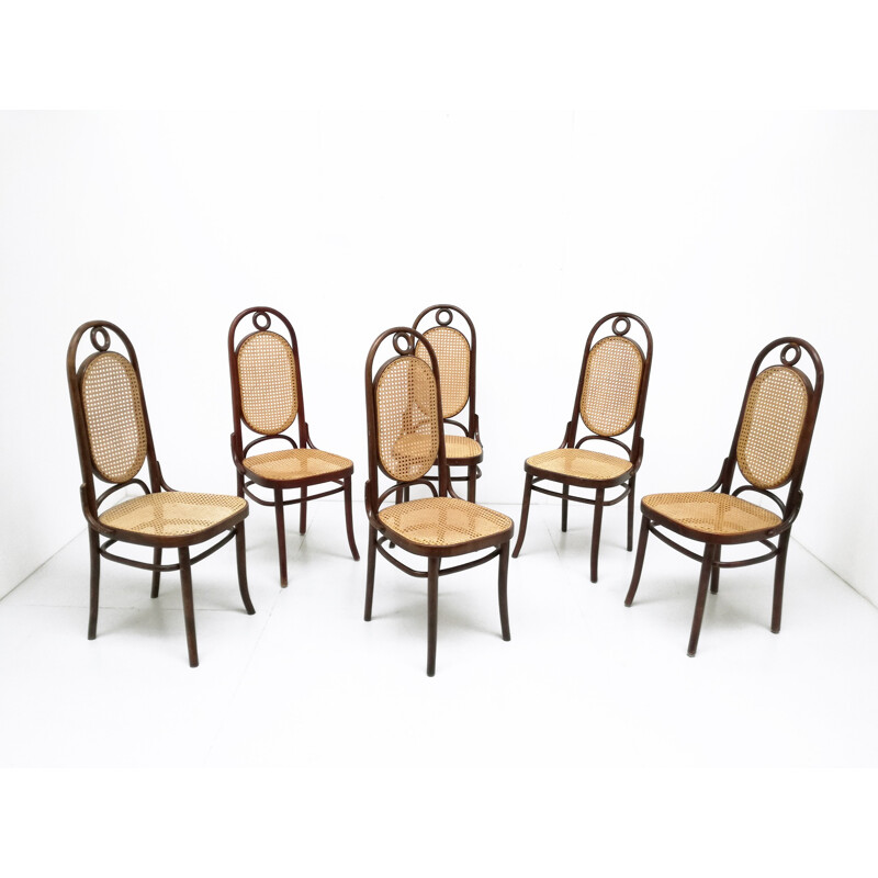 Lot de 6 chaises en hêtre et en paille par Thonet n 17 - 1930