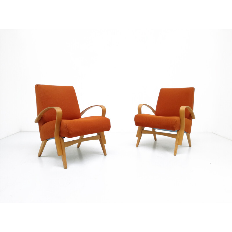 Pair of orange armchairs in curved beech wood and fabric - 1950s