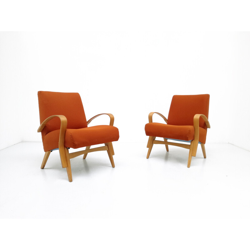 Paire de fauteuils orange en hêtre et en tissu - 1950