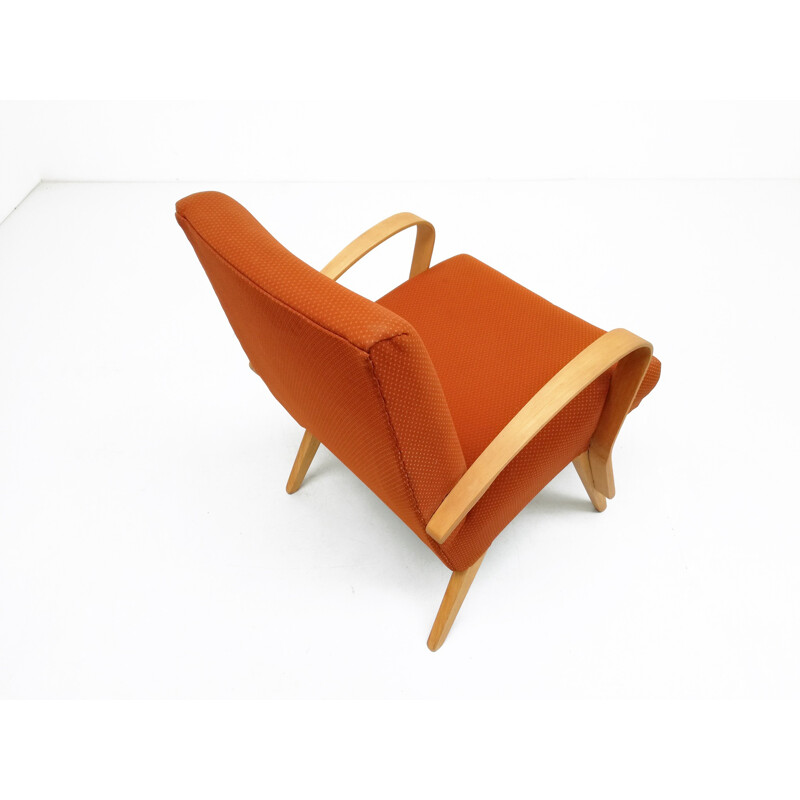 Pair of orange armchairs in curved beech wood and fabric - 1950s