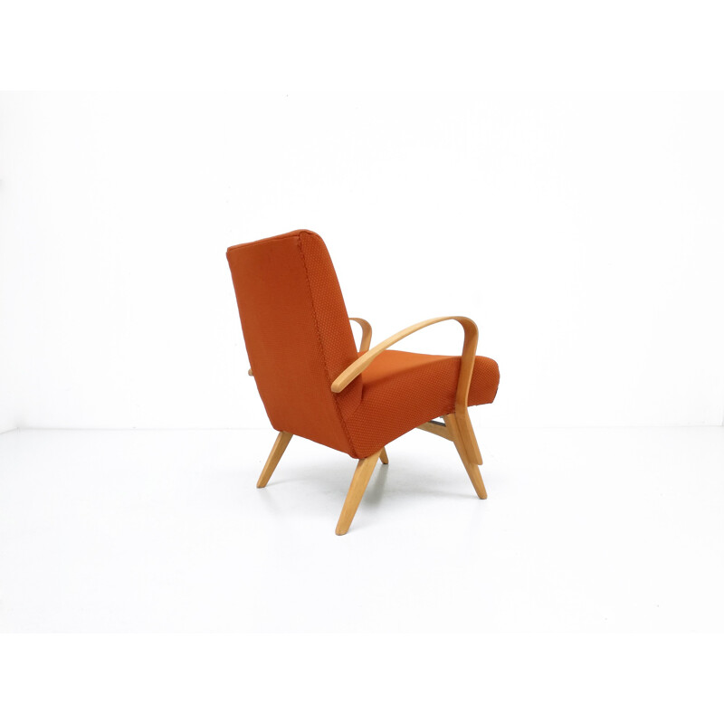 Pair of orange armchairs in curved beech wood and fabric - 1950s