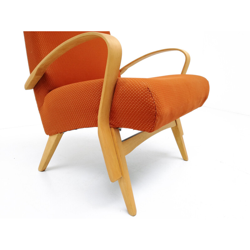Pair of orange armchairs in curved beech wood and fabric - 1950s