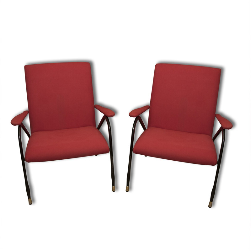 Pair of vintage red mid-century armchairs, Italy 1960