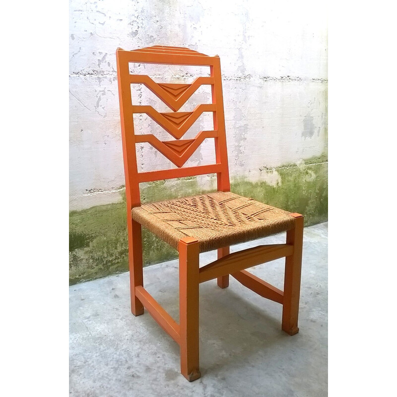 Chaise futuriste italienne orange en bois et en paille - 1930