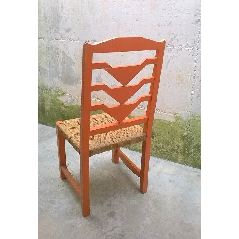 Italian futurist orange chair in wood and straw - 1930s