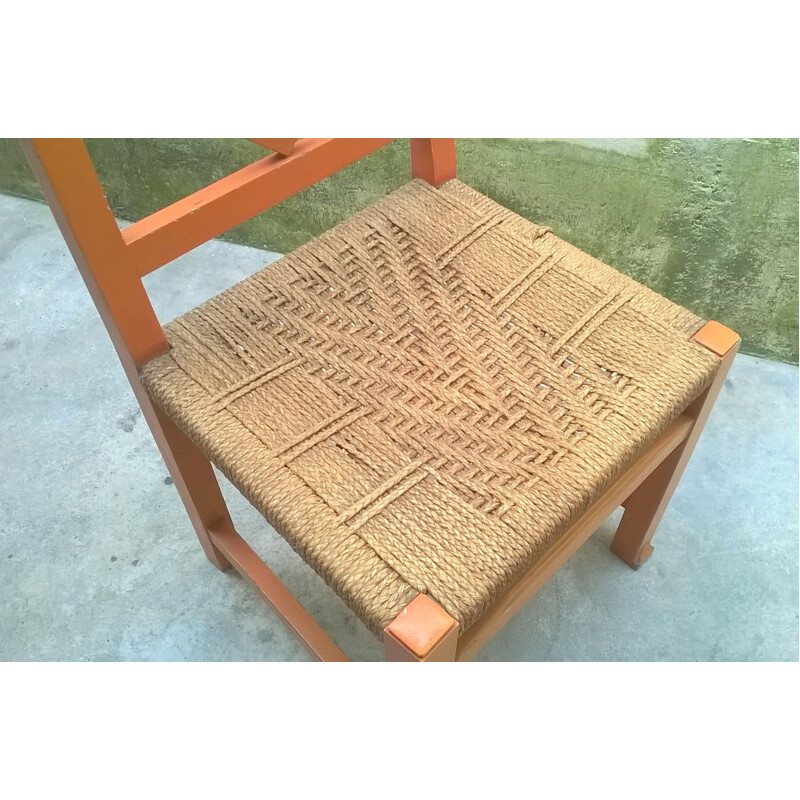Cadeira futurista italiana laranja em madeira e palha - 1930