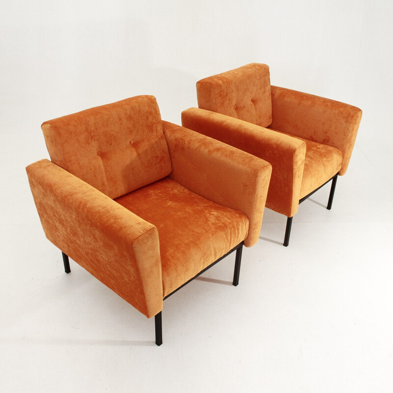 Paire de fauteuils italiens en velours orange - 1950