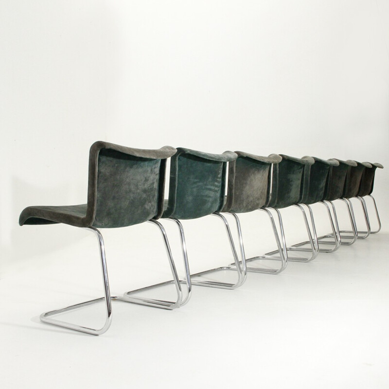 Ensemble de 8 chaises à repas vintage en daim et métal chromées - 1970