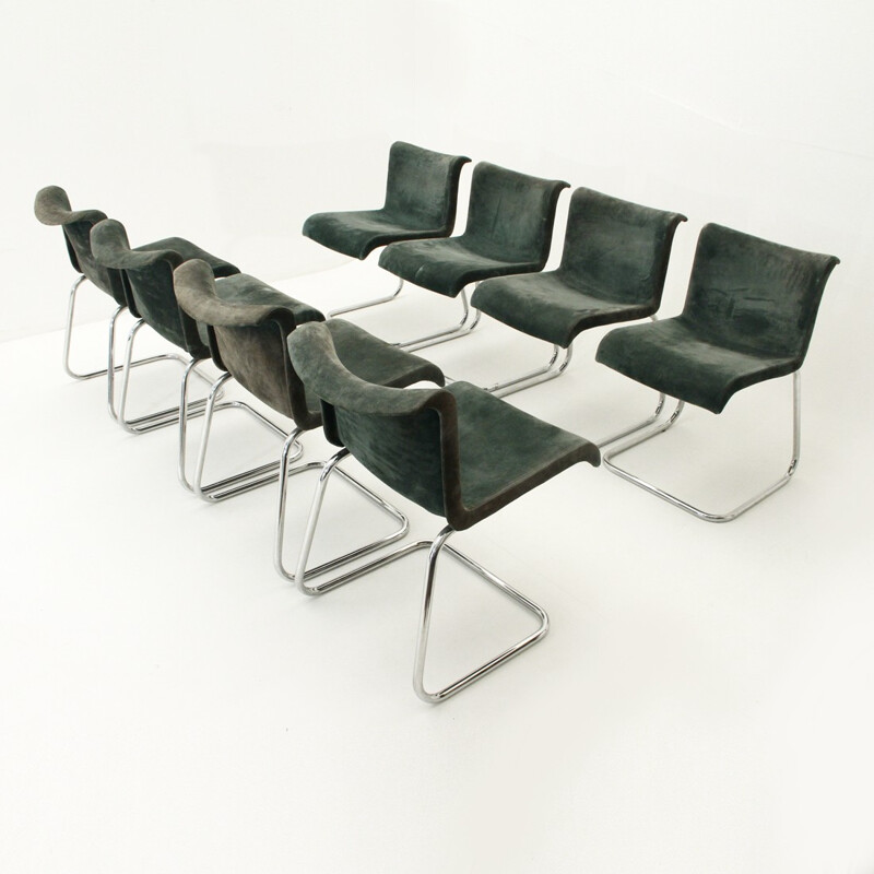 Ensemble de 8 chaises à repas vintage en daim et métal chromées - 1970