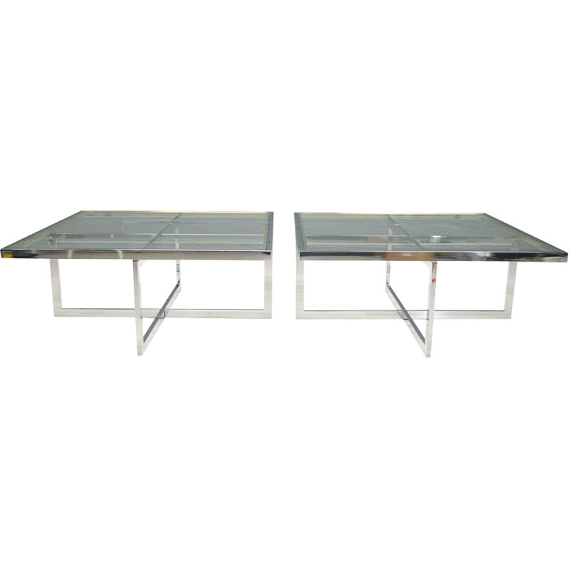 Set of 2 bicolor coffee tables in chromium and brass produced by Maison Charles - 1970s