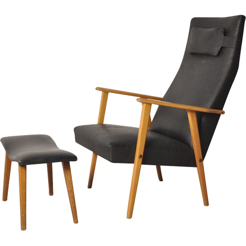 Mid-century set of a black oakwood and vinyl high-back easy chair and  its ottoman - 1950s
