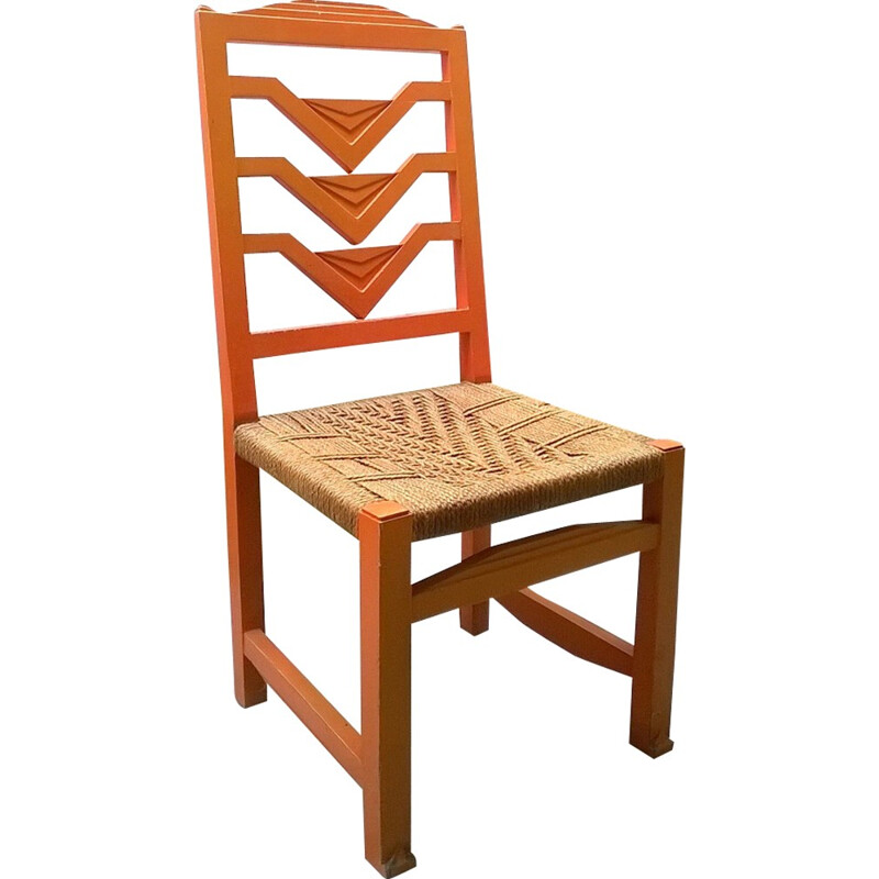 Italian futurist orange chair in wood and straw - 1930s