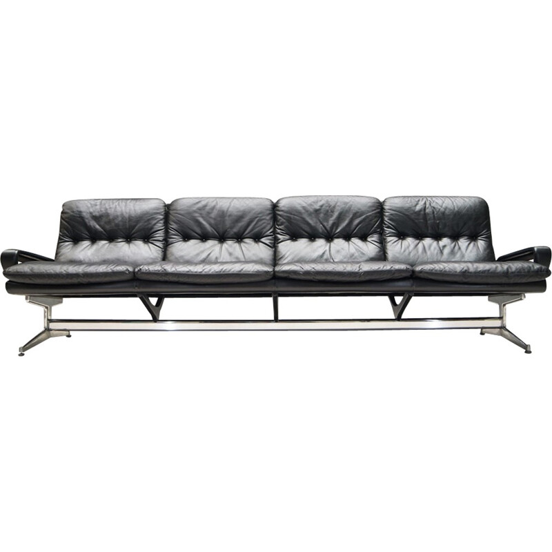Canapé à 4 places noir en cuir et en aluminium King de Strässle par André Vandenbeuck - 1960