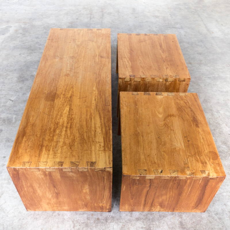 Set of 3 vintage oakwood benches - 1970s
