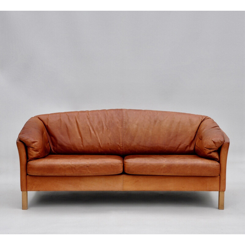 Danish mid-century light tan leather sofa - 1970s 
