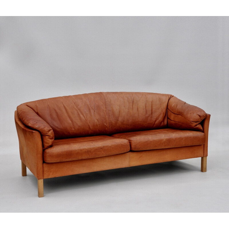Danish mid-century light tan leather sofa - 1970s 