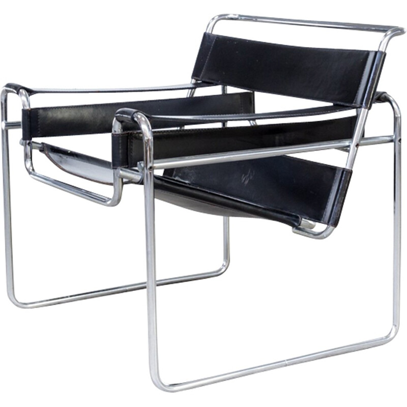 Pair of B3 black leather chairs, Marcel Breuer - 1970s