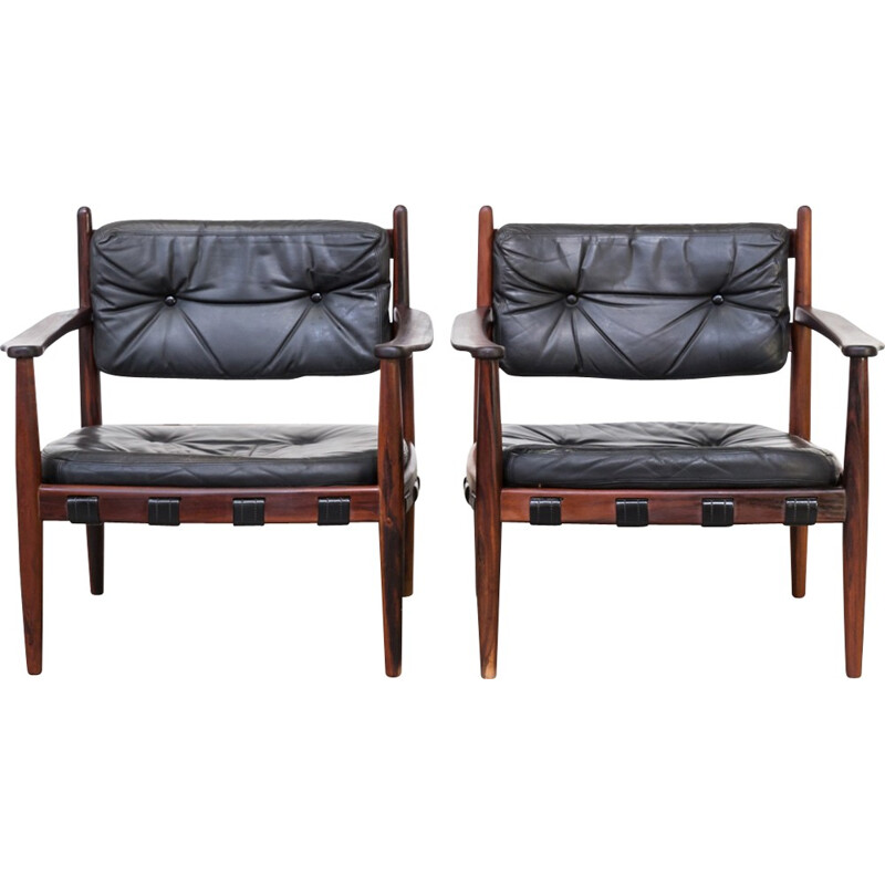 Paire de fauteuils en cuir et palissandre, Arne Norell - 1950