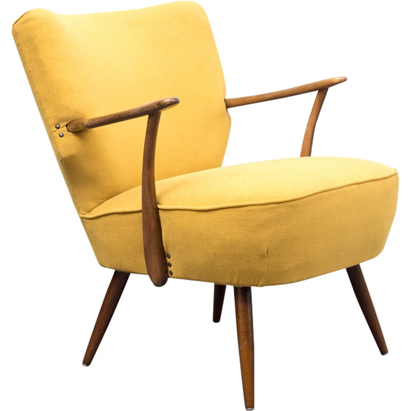 Fauteuil cocktail jaune en velours avec accoudoirs - 1950 