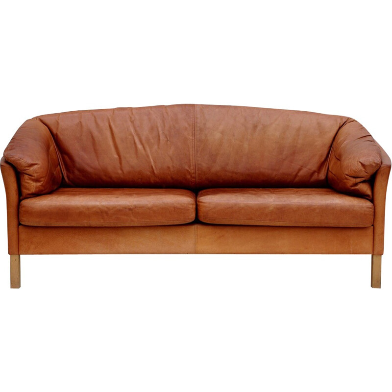 Danish mid-century light tan leather sofa - 1970s 