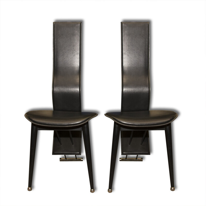 Pair of mid-century vintage leather high-back dining chairs, Italy 1980