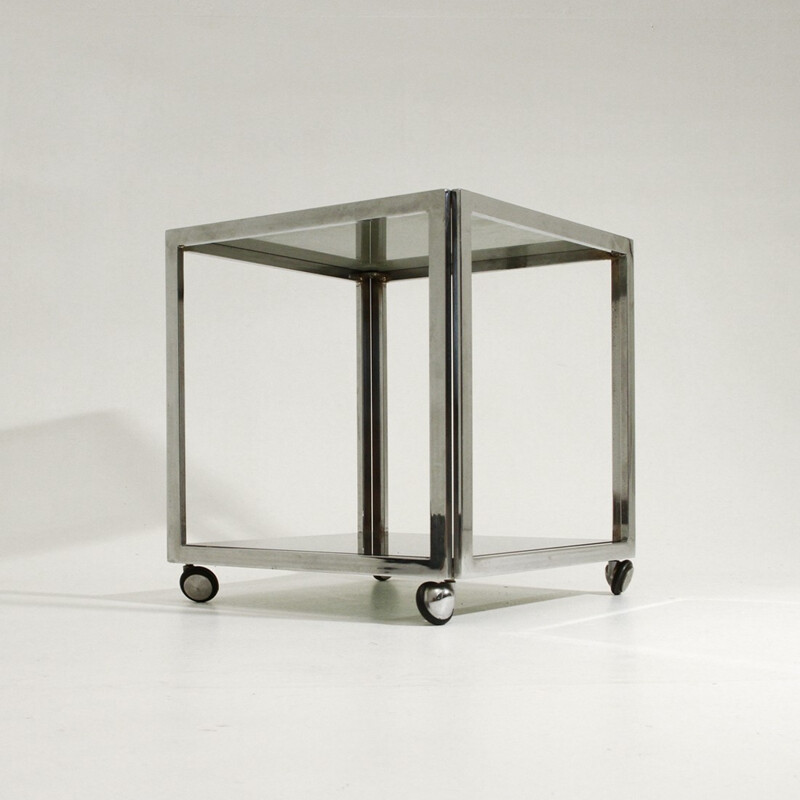 Square chromed side table on wheels - 1960s