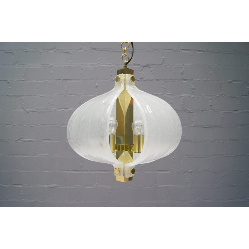 Lámpara de suspensión vintage de cristal de Murano y latón producida por Kaiser Leuchten, 1960