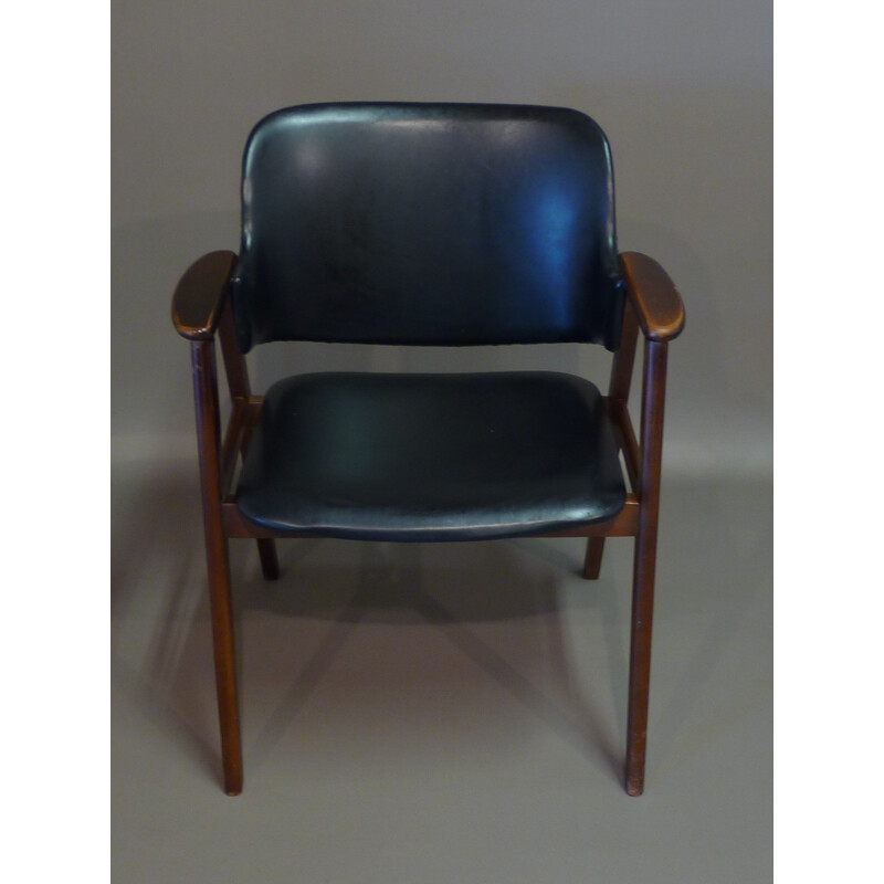 Pair of Scandinavian armchairs in black leather and teak - 1950s