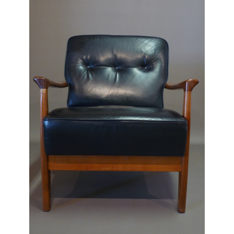 Scandinavian armchair in teak and leather - 1950s