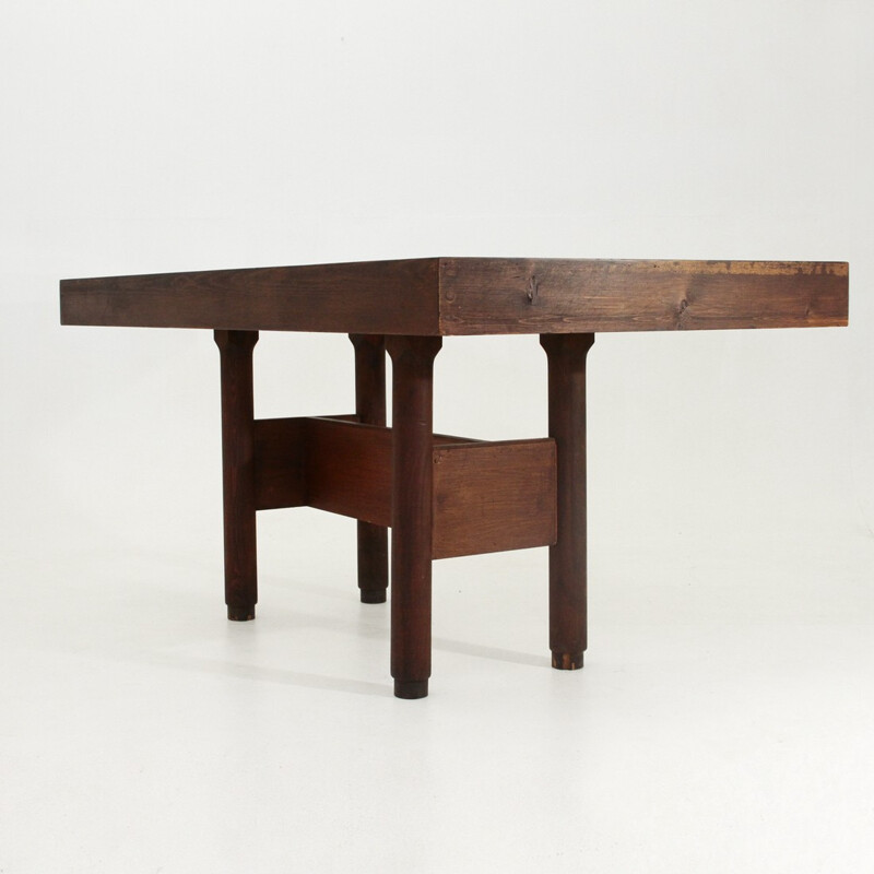 Italian table in solid wood with glass top - 1970s