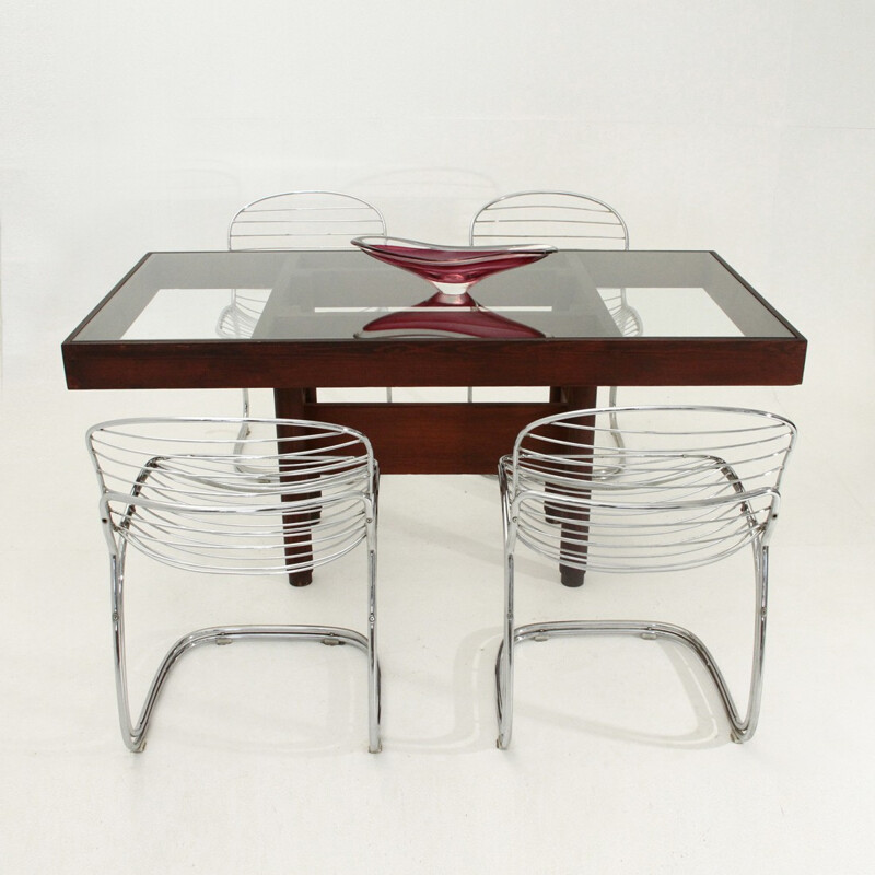 Italian table in solid wood with glass top - 1970s