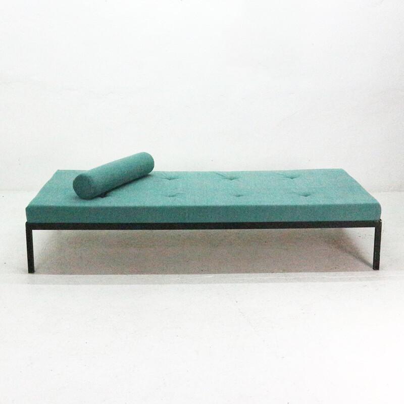 Mid-Century modern day bed, turquoise-blue reupholstered - 1960s