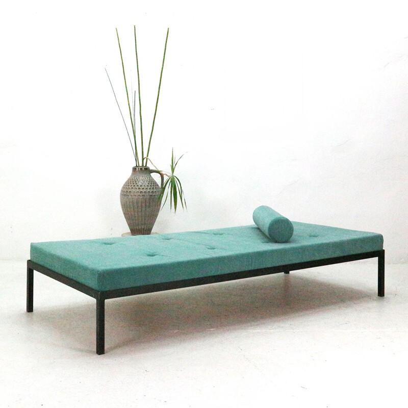 Mid-Century modern day bed, turquoise-blue reupholstered - 1960s