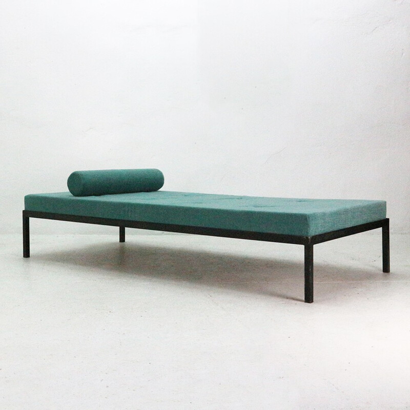 Mid-Century modern day bed, turquoise-blue reupholstered - 1960s