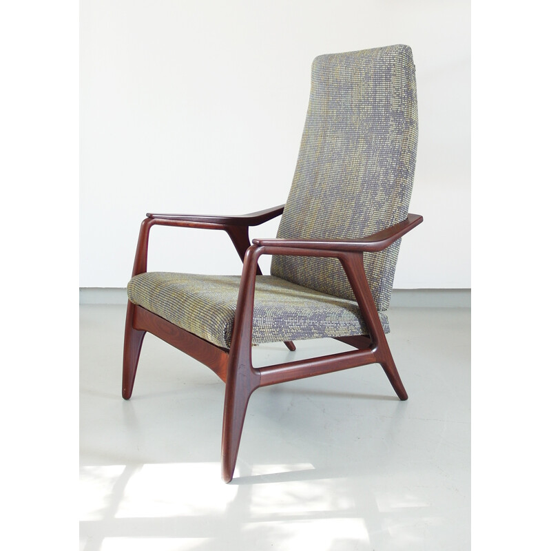 Lounge multicolor Danish wool and teak armchair - 1950s