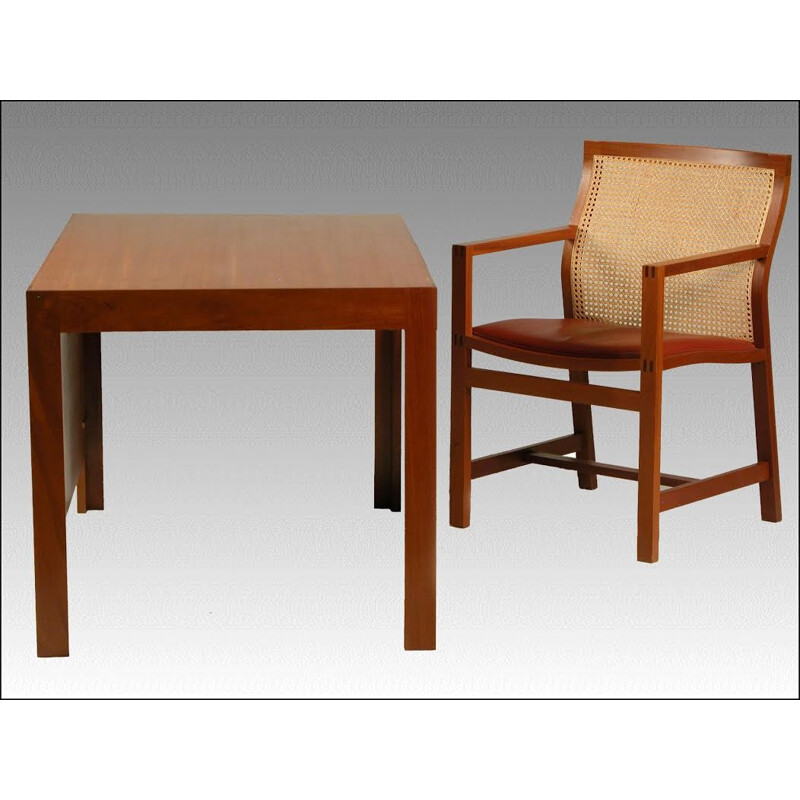 Set of desk and Chair in mahagony and red leather by Rud Thygesen and Johnny Sørensen - 1980s