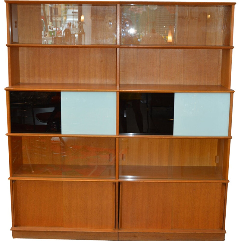 Bibliothèque en bois modulable avec vitres écrues et noires Oscar - 1950
