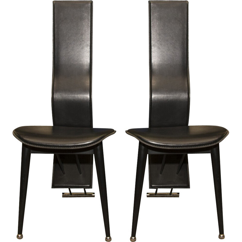Pair of Italian mid-century high back leather dining chairs - 1980s